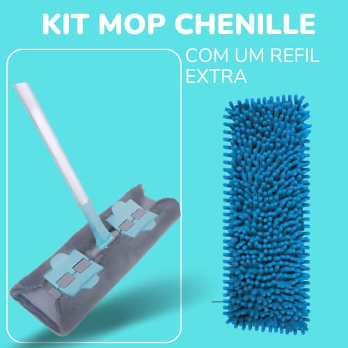 Kit mop chenille com vassoura e refil extra azul, haste branca, fundo azul, texto branco