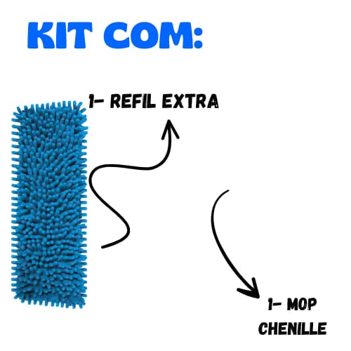 Kit de limpeza com mop de chenille azul, refil extra e pano em microfibra
