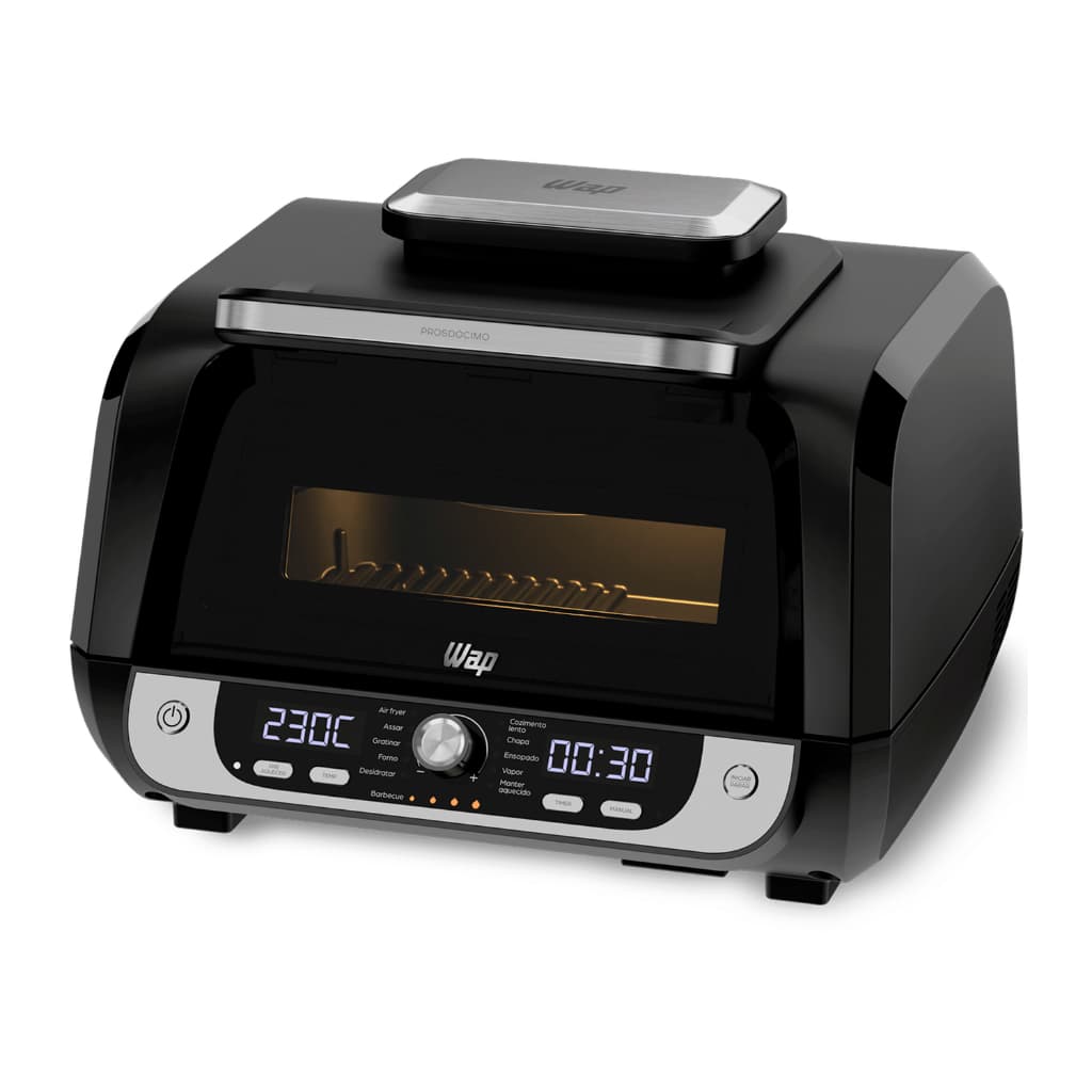Fritadeira Elétrica Air Fryer Wap Barbecue 10l Digital 1800w, preta com detalhes prateados, display digital e controles físicos.