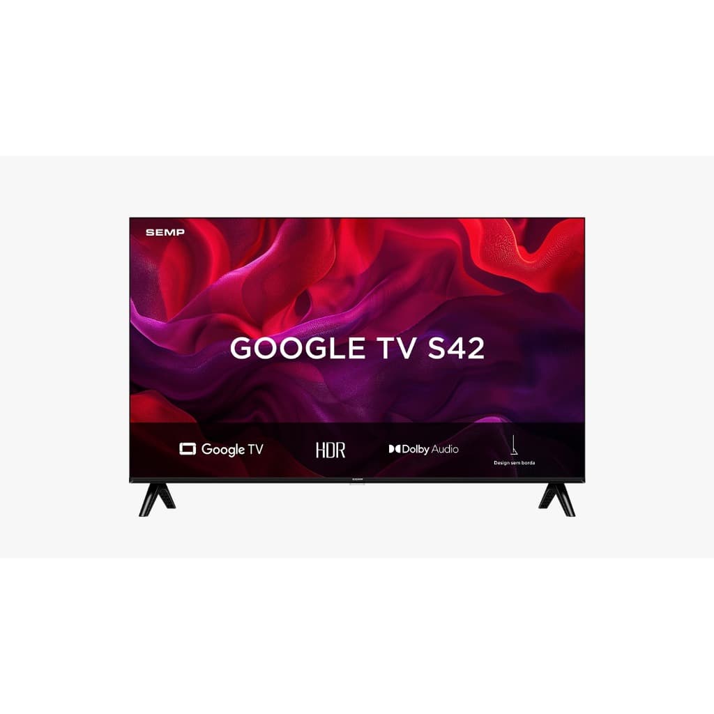 SMART TV SEMP 32 polegadas Google TV S42 com interface de tela vermelha e roxa