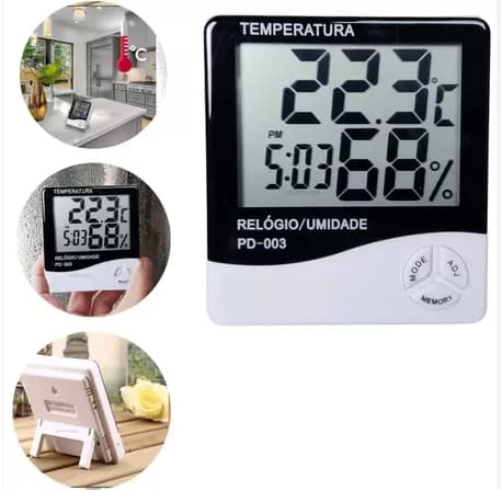 Termo-higrômetro digital com display digital para temperatura e umidade, modelo PD-003.