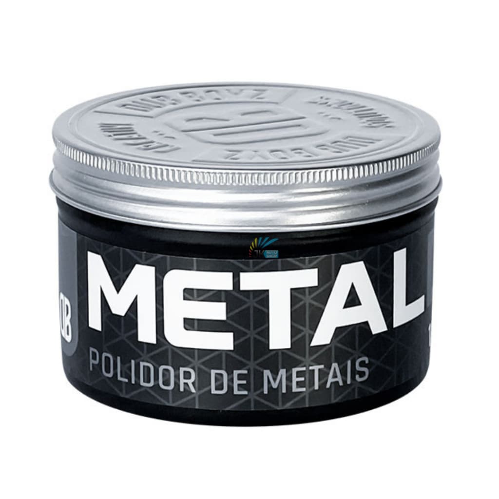 Polidor de metais Metal para rodas de aço e alumínio, 150g, frasco cilíndrico com tampa prateada e rótulo preto e branco.