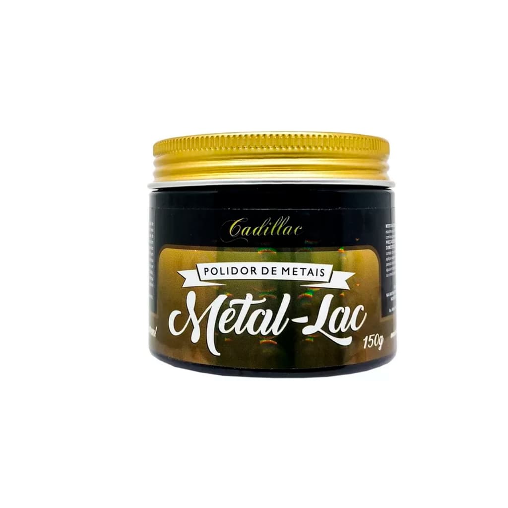 Lata de polidor de metais Cadillac Metal-lac 150g com tampa dourada e rótulo preto e dourado