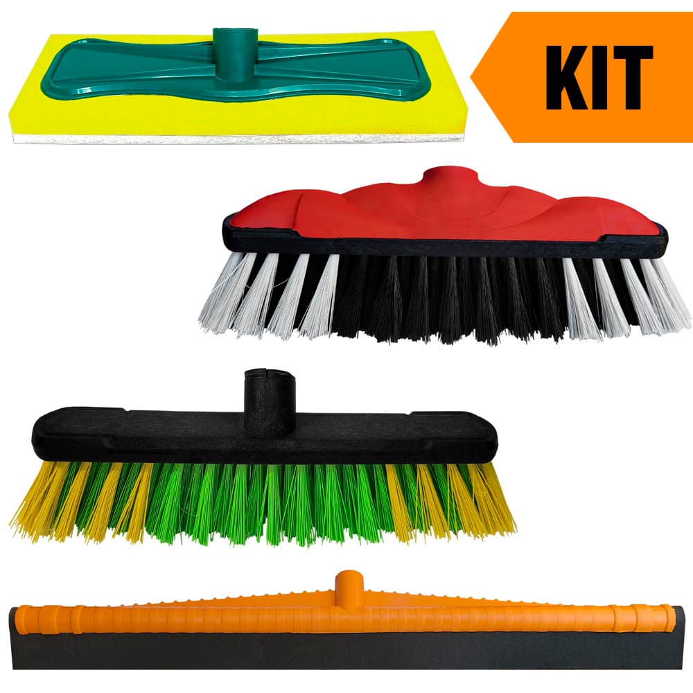 Kit de limpeza com rodo 60 cm, esfregão lava vidro, vassoura lava casa e vassoura teteia