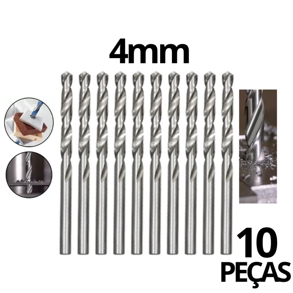 Kit 10 Broca Aço Rápido 4mm HSS para Metal Para aço, ferro, alumínio, e metais em geral