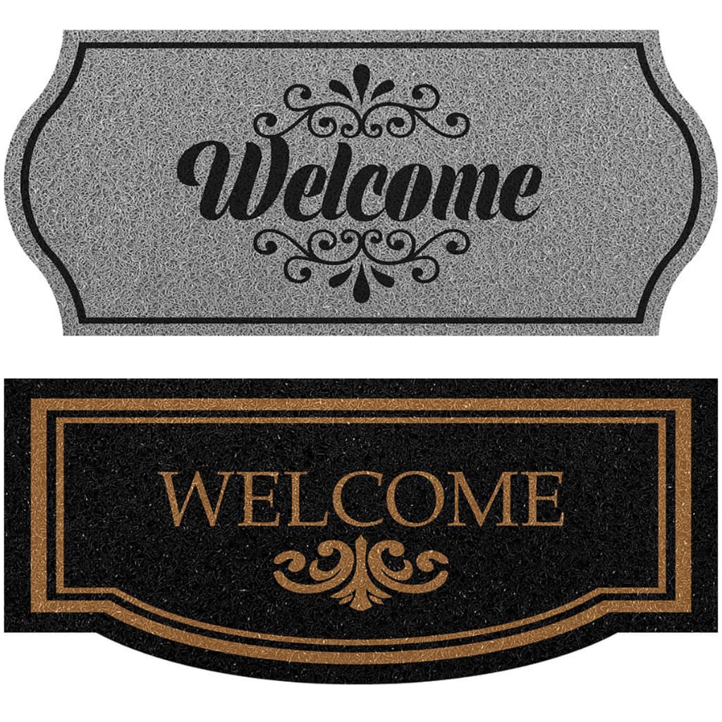 Tapete de entrada antiderrapante em vinil cinza com texto 'Welcome' e ornamento decorativo dourado