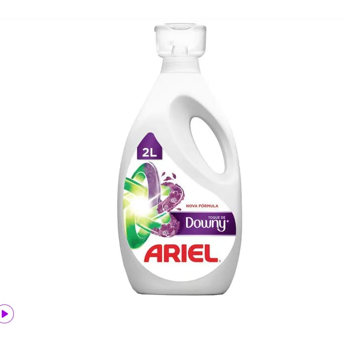 Frasco de sabão líquido Ariel com Toque de Downy, concentrado 2L, branco com detalhes coloridos.