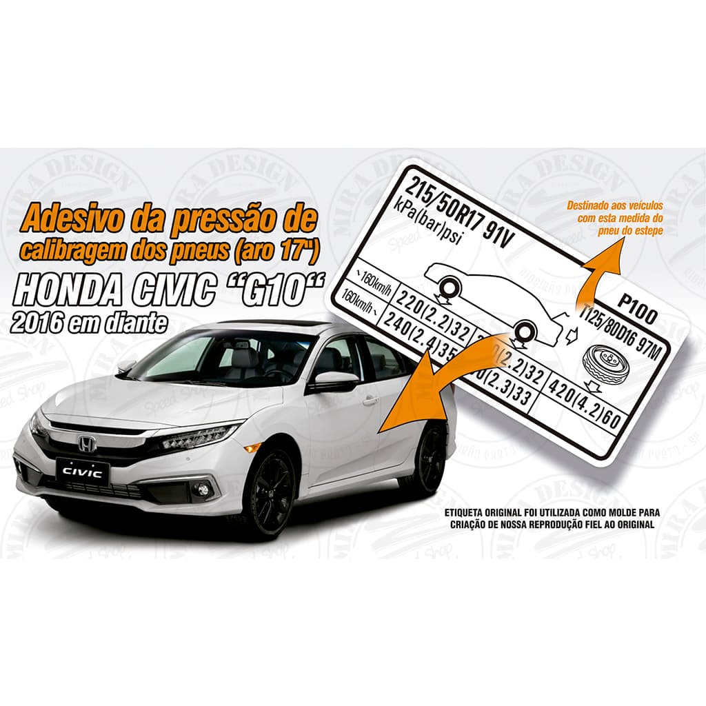 Adesivo Pressão Pneus 215/50 R17 Honda Civic G10 2016