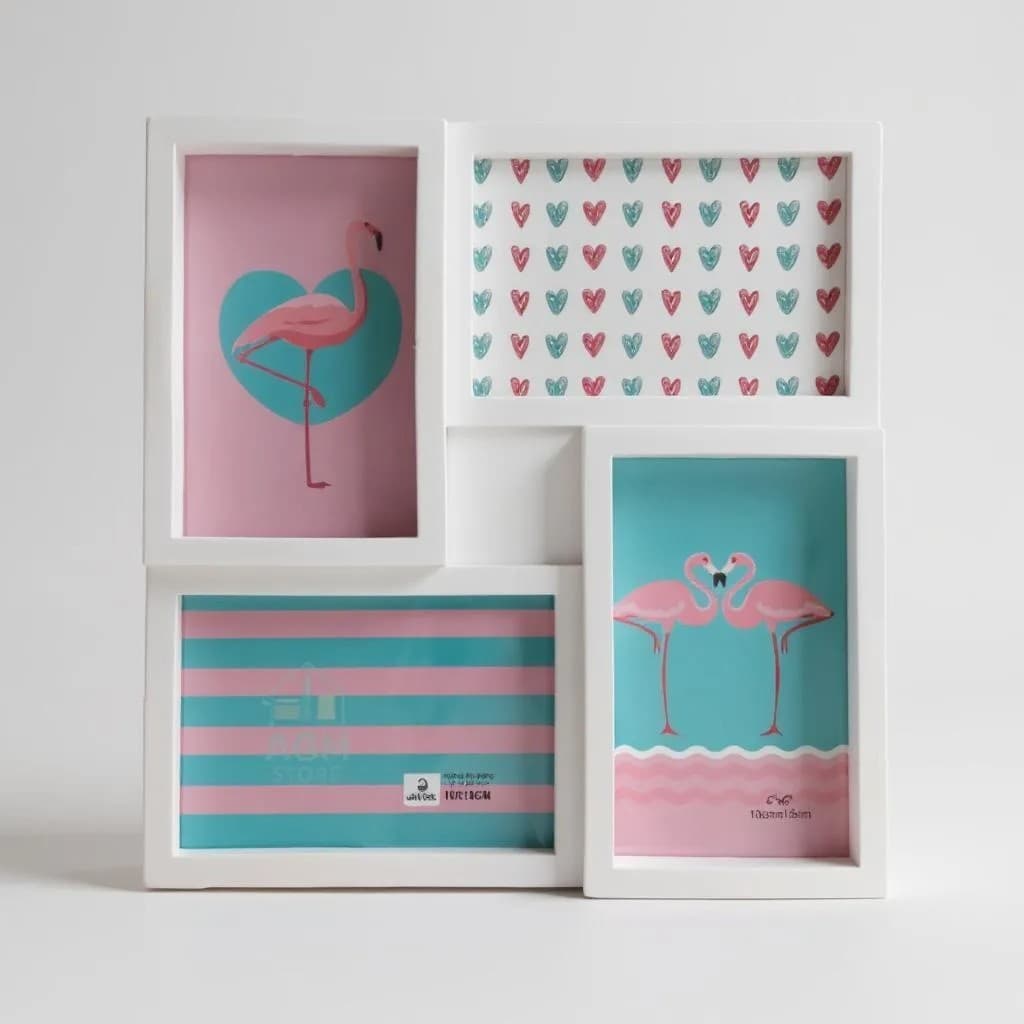 Porta-retratos decorativos com flamingos e corações em fundo branco