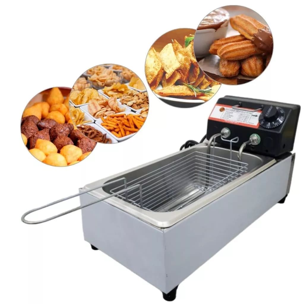 Fritadeira elétrica inox profissional 3,5L com imagens de alimentos fritos ao fundo