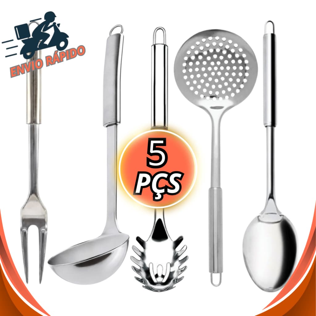 5 Utensilios Peças Grande Concha Colher Escumadeira Pegador Garfo Para Servir Premium Multiuso