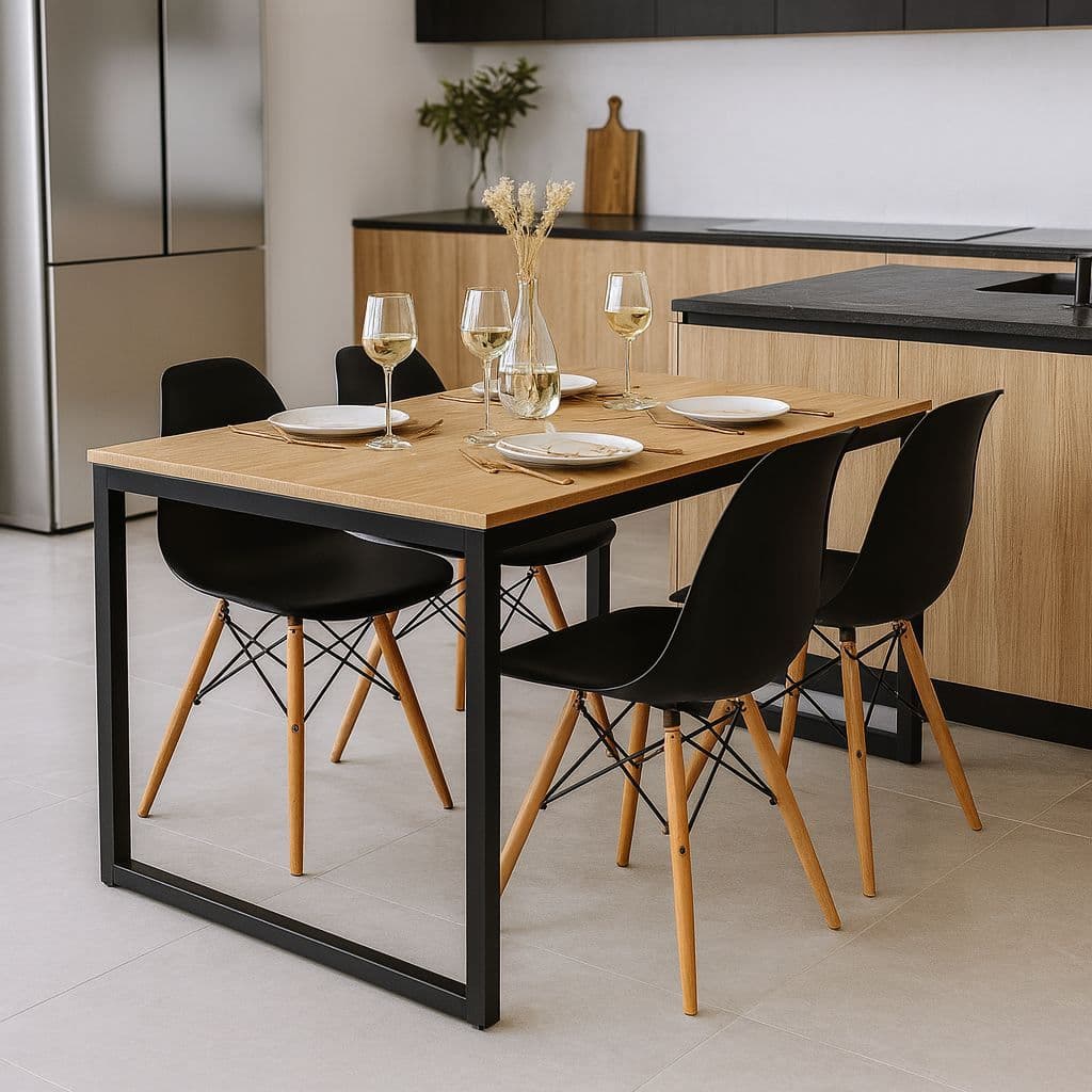 Conjunto de mesa e cadeiras industrial com 4 cadeiras Eames, mesa de madeira e estrutura metálica preta
