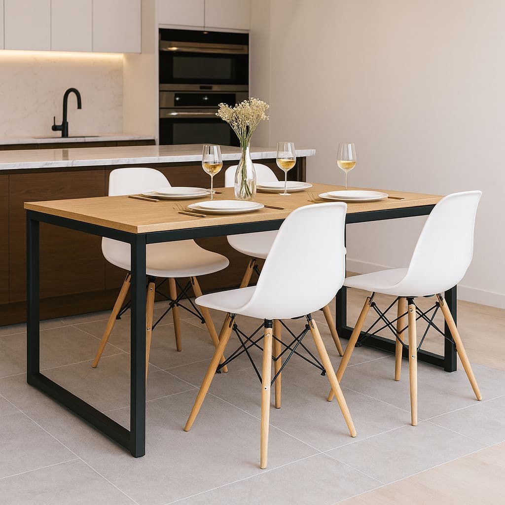 Kit mesa de jantar estilo industrial com 4 cadeiras Eames para cozinha ou sala de jantar