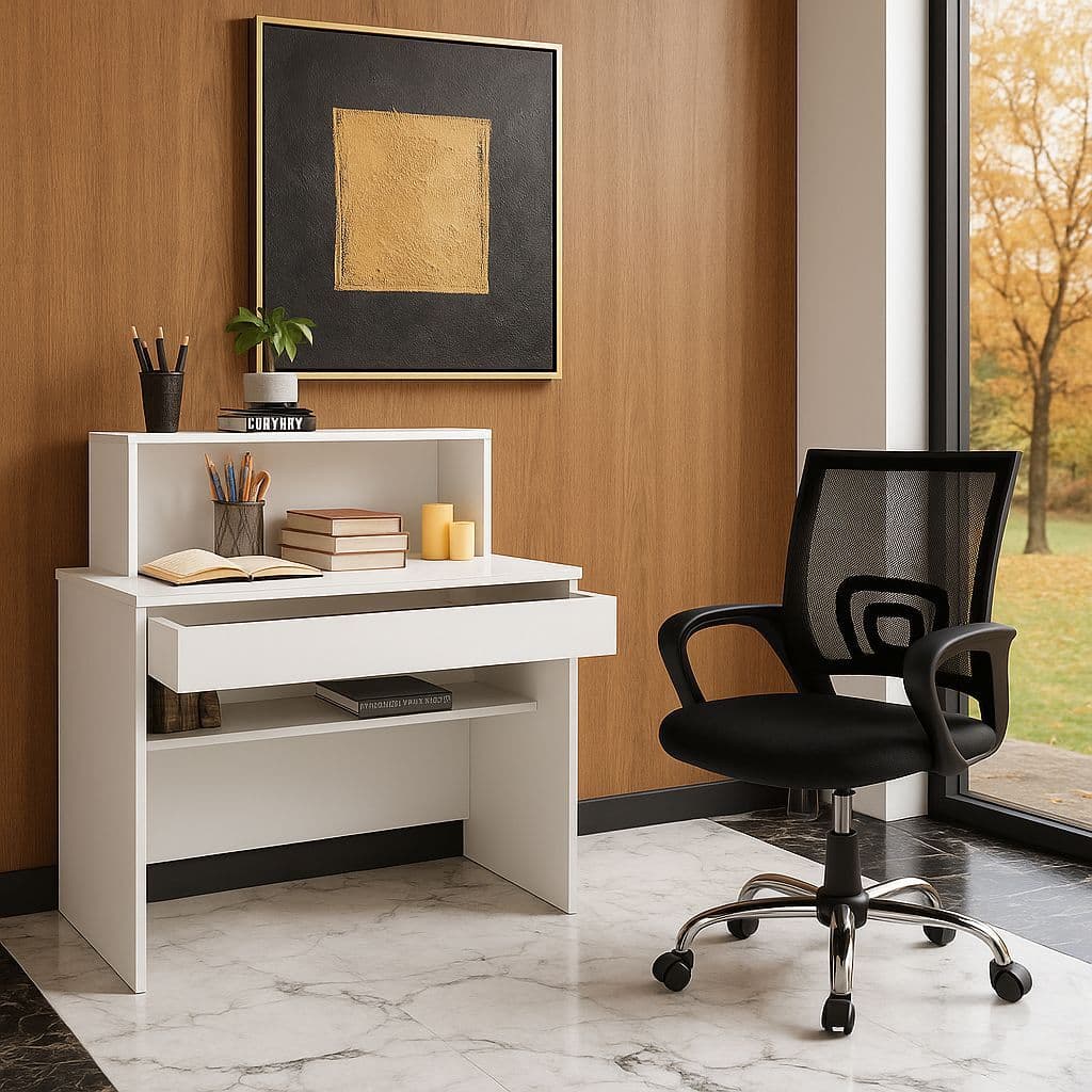 Kit Escrivaninha Branco e Preto com Gaveta + Cadeira Gamer Home Office