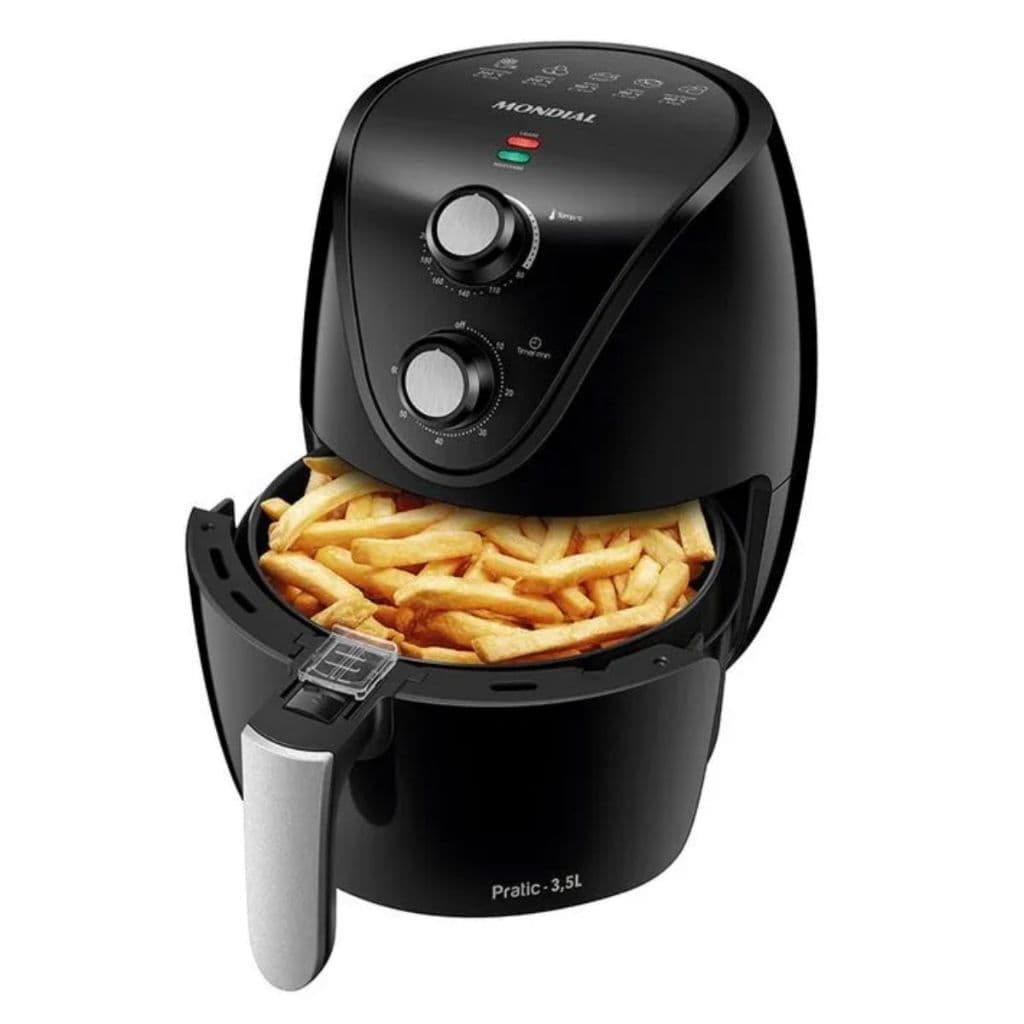 Fritadeira elétrica sem óleo New Pratic 3,5 litros Mondial, preta, com controle de temperatura e tempo, fritas prontas.