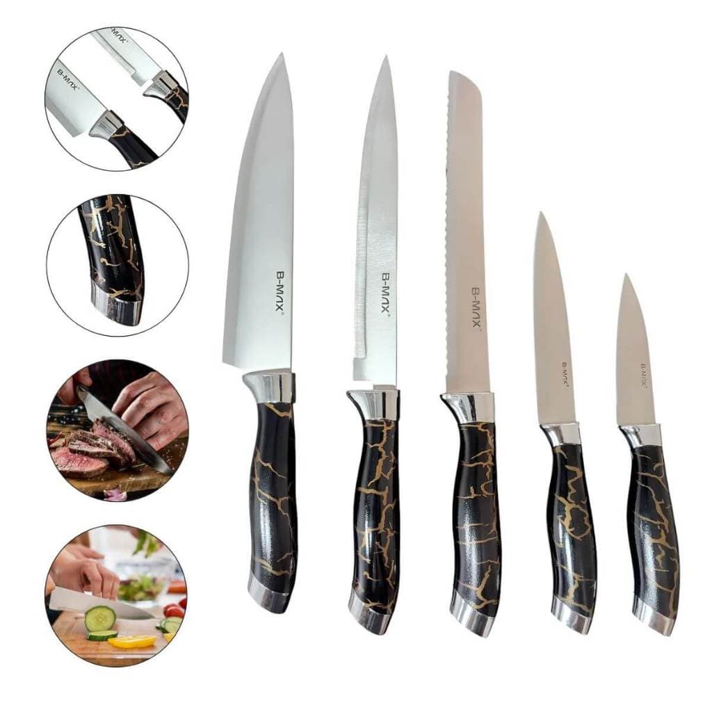 Conjunto de facas de cozinha 5 peças com cabos pretos e dourados e lâminas de aço inoxidável