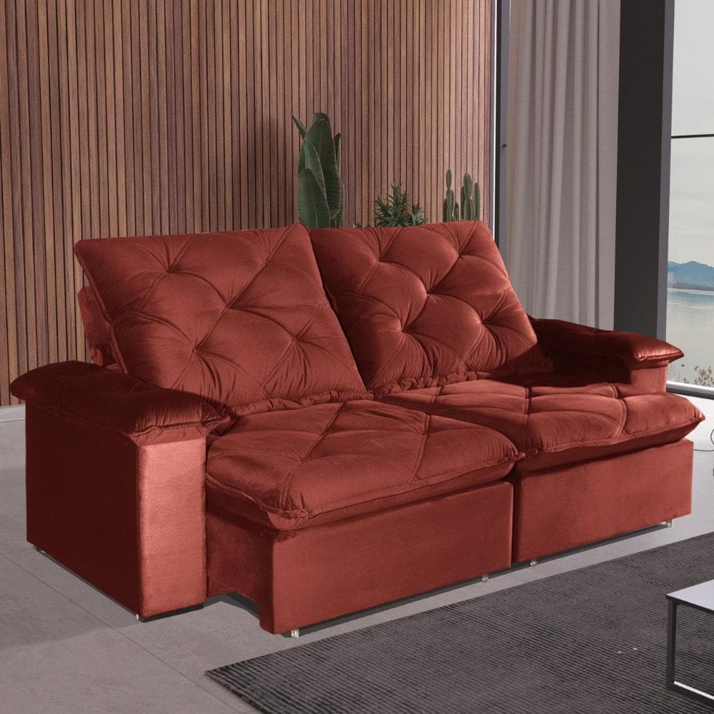 Sofá reclinável e retrátil vermelho de 5 lugares com design de botões