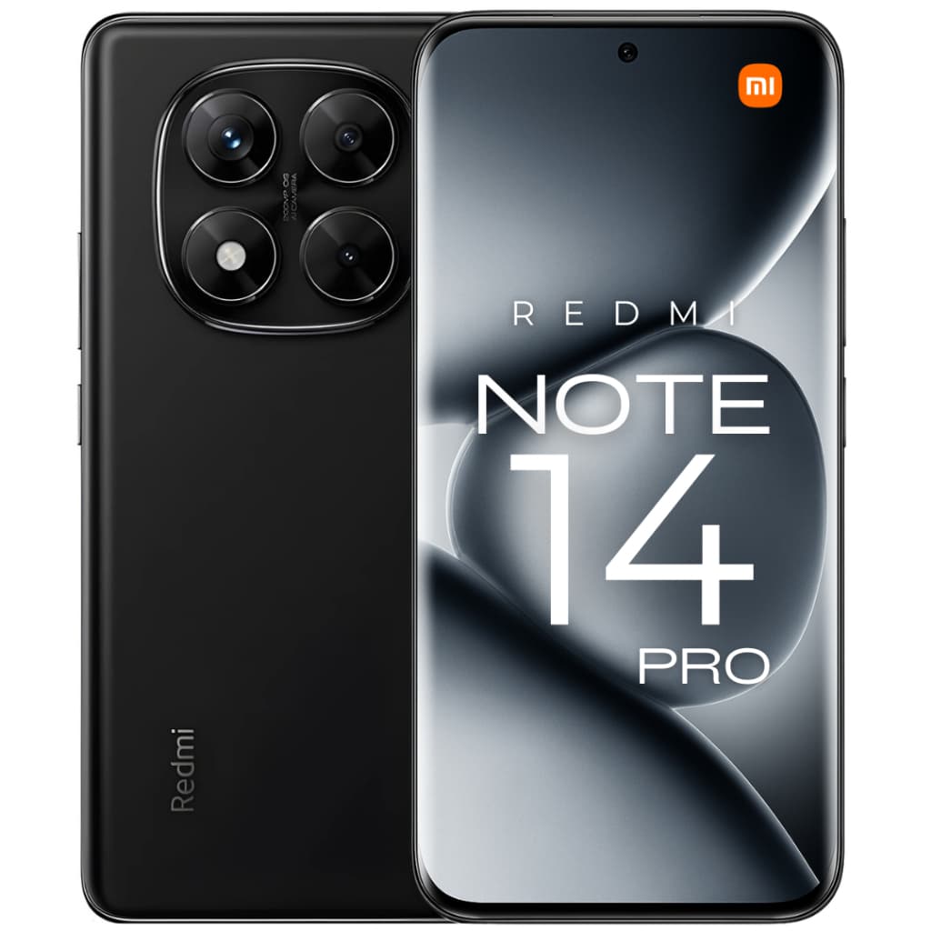 Xiaomi Redmi NOTE 14 PRO smartphone preto com módulo de câmera quádruplo e tela AMOLED 120Hz