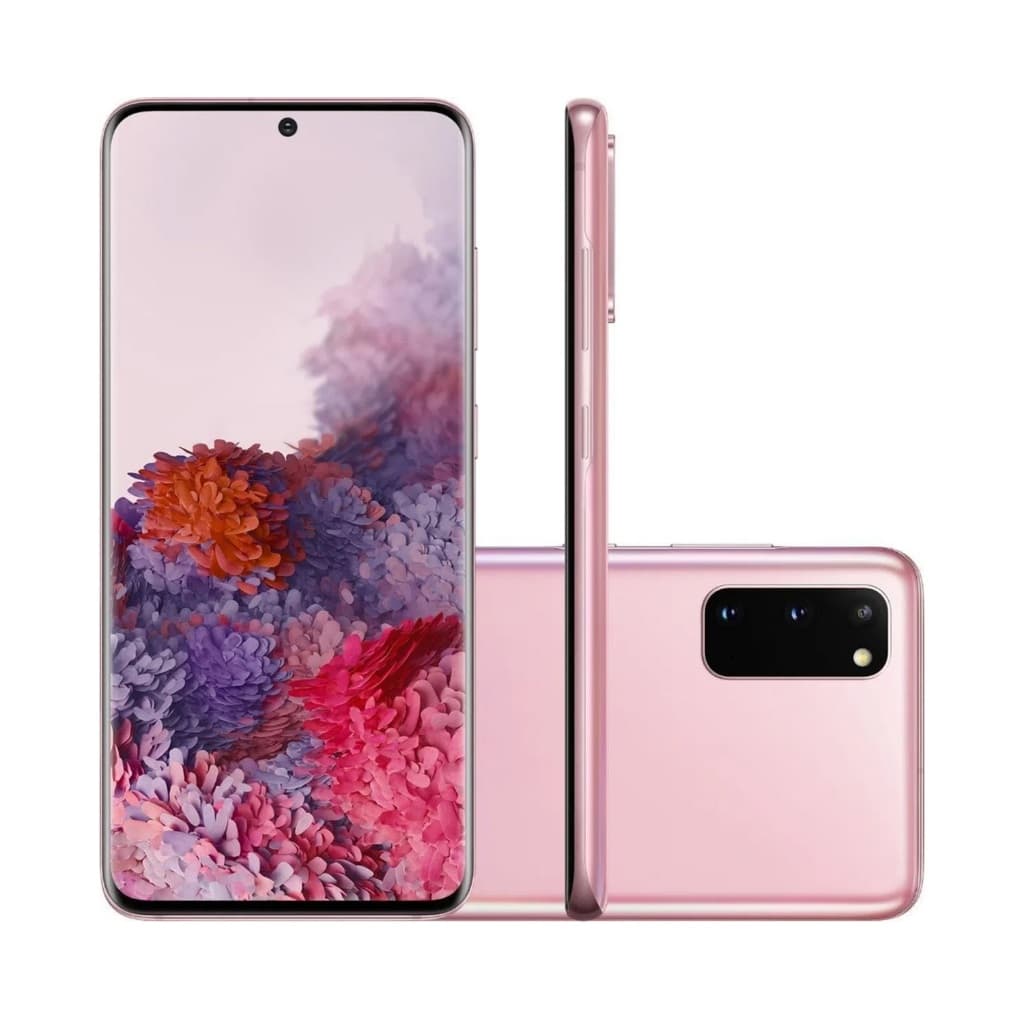Samsung Galaxy S20 rosa com câmera traseira tripla, tela AMOLED e acabamento brilhante