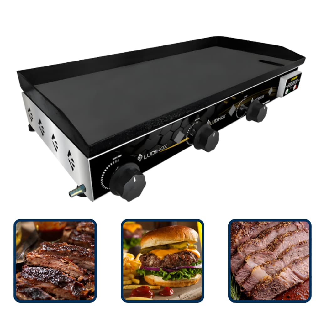 Chapa de cozinha industrial a gás Ludinox 70x30 profissional, com controle de temperatura e imagens de carnes grelhadas.