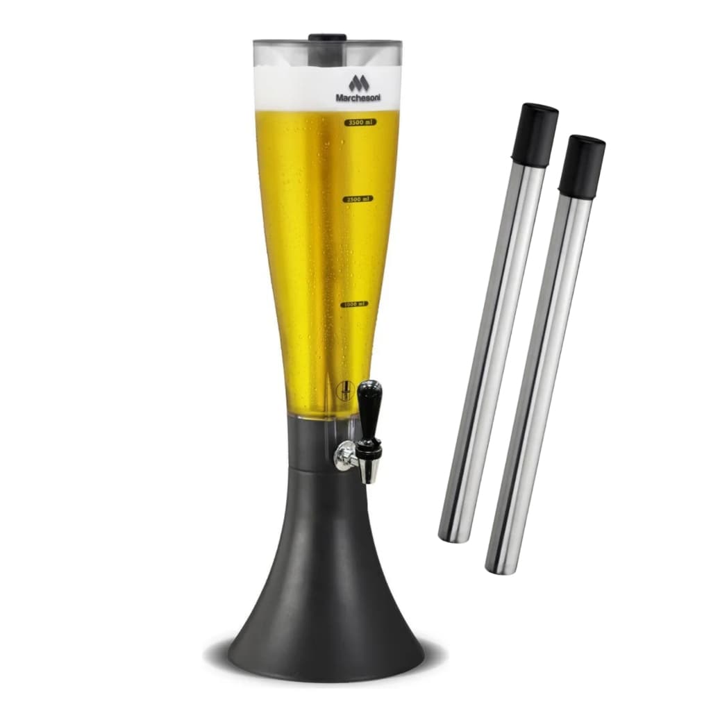 Torre de chopp 3,5 litros com base giratória e dois tubos de distribuição, copo transparente com nível de líquido visível, fundo branco.