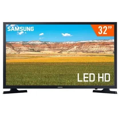 Smart TV Samsung LED 32 polegadas HD LS32BETBL com tela exibindo paisagem