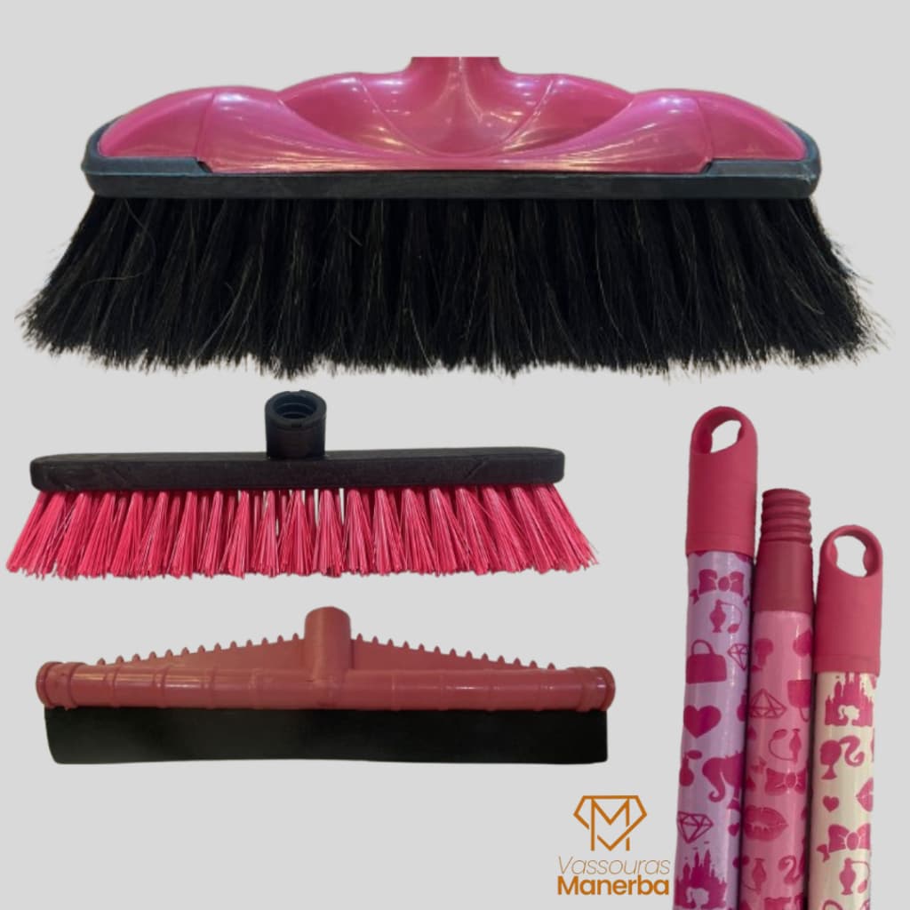 Kit de limpeza Verona Comfort rosa com vassoura, rodo e esfregão