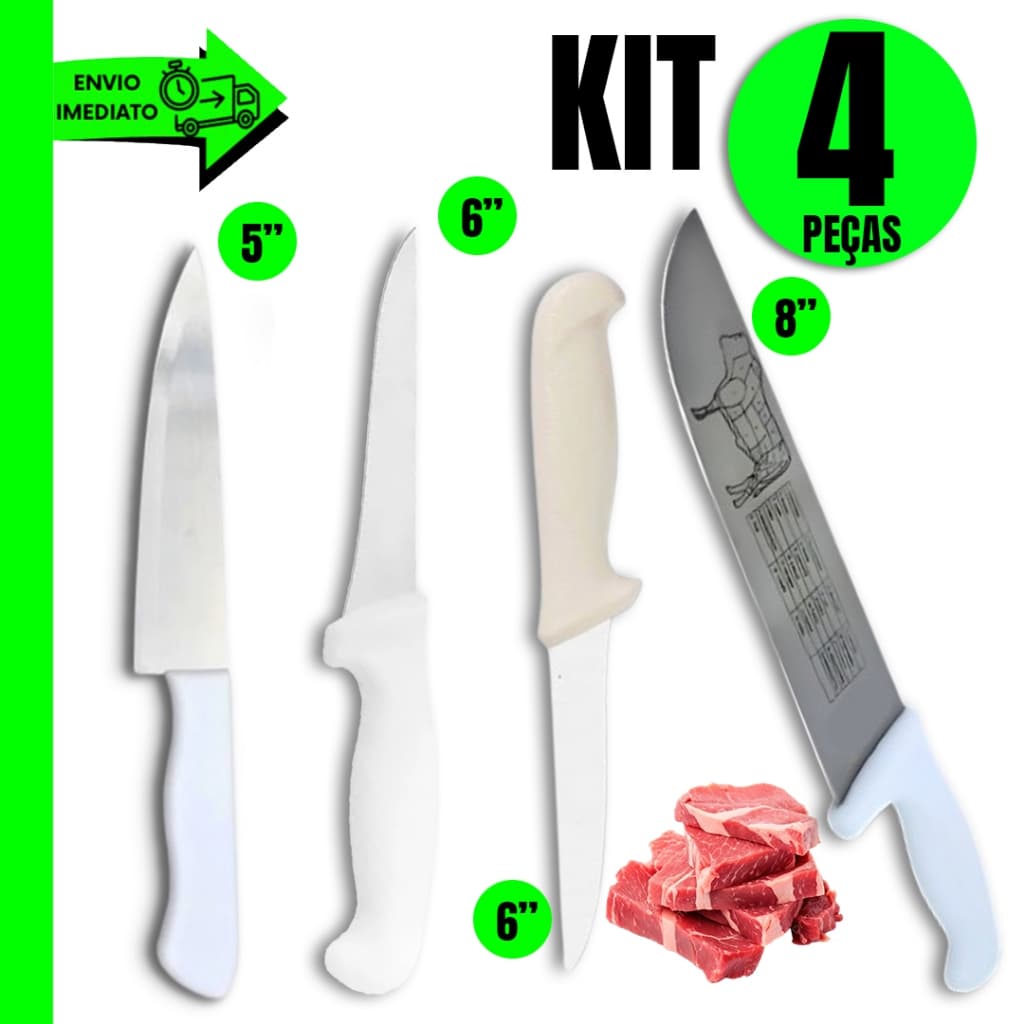 Faca Peixeira 5'' + Faca Desossa 6'' + Faca Top Chef 6'' + Faca Profissional 8'' Corte Preciso e Afiado