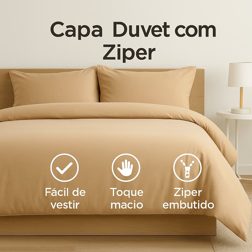 Capa de duvet bege para cama queen com zíper embutido, fácil de vestir e macia ao toque.