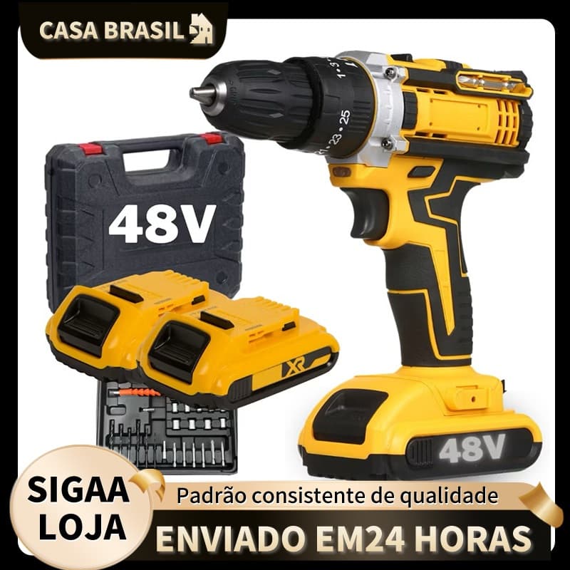 Parafusadeira elétrica recarregável 48V, kit profissional com maleta e baterias, destaque em qualidade.