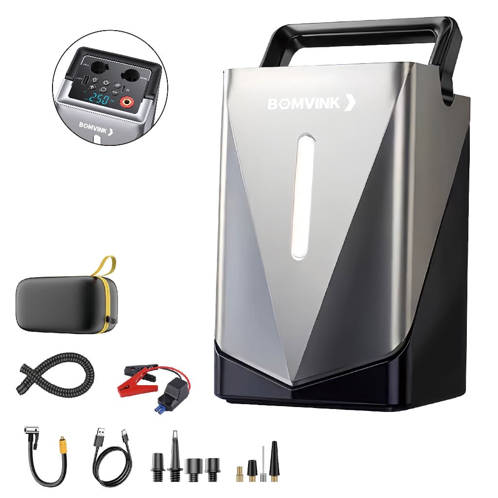 Auxiliar de Partida e Compressor Portátil Veicular BOMVINK com Kit de Ferramentas