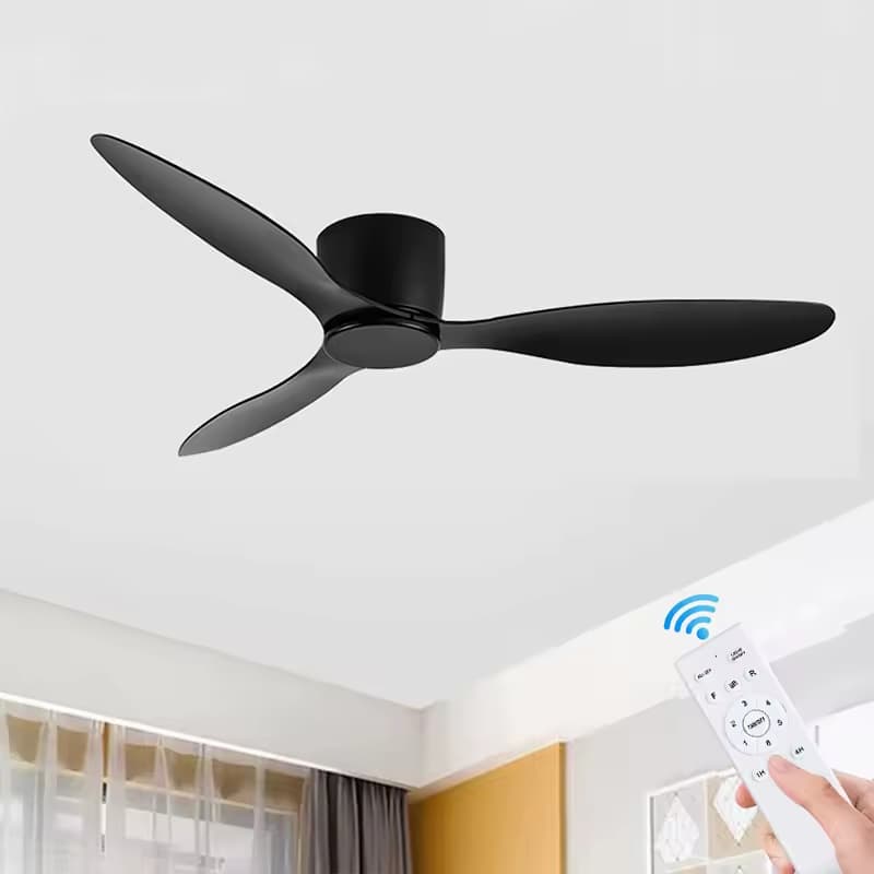 Ventilador de teto preto com controle remoto, fundo branco, ícones de wi-fi.