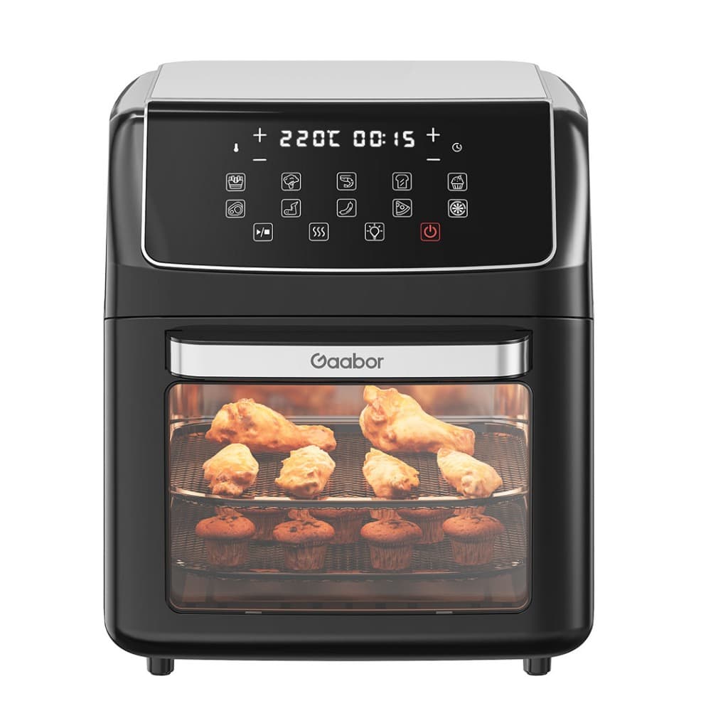 Gaabor Forno Air Fryer Elétrica Sem Óleo 12L preta com frango e muffins