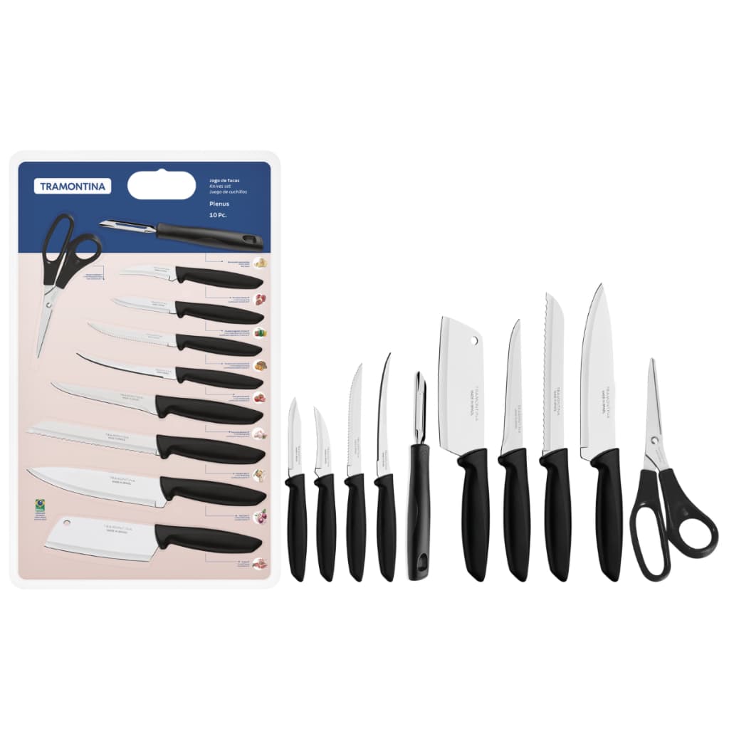 Kit de facas e tesouras Tramontina Plenus com 10 peças, embalagem azul, facas e tesouras com cabos pretos e lâminas prateadas