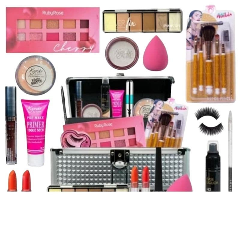 kit de maquiagem acessorios skin care com 20 itens,batom,kit de pincel,entre outros(obs não acompanha a maleta)