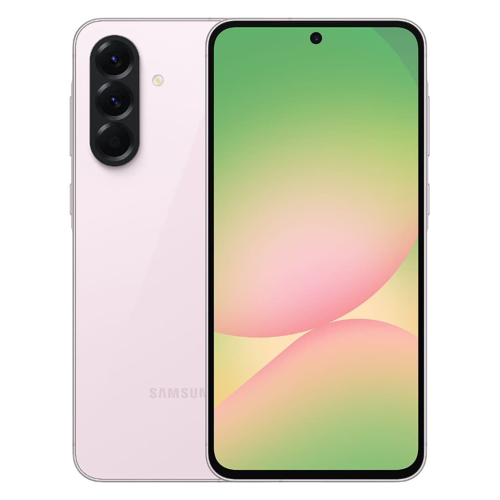 Imagem frontal e traseira do Samsung Galaxy A56 5G em cor rosa com câmera traseira de três lentes e logo da Samsung