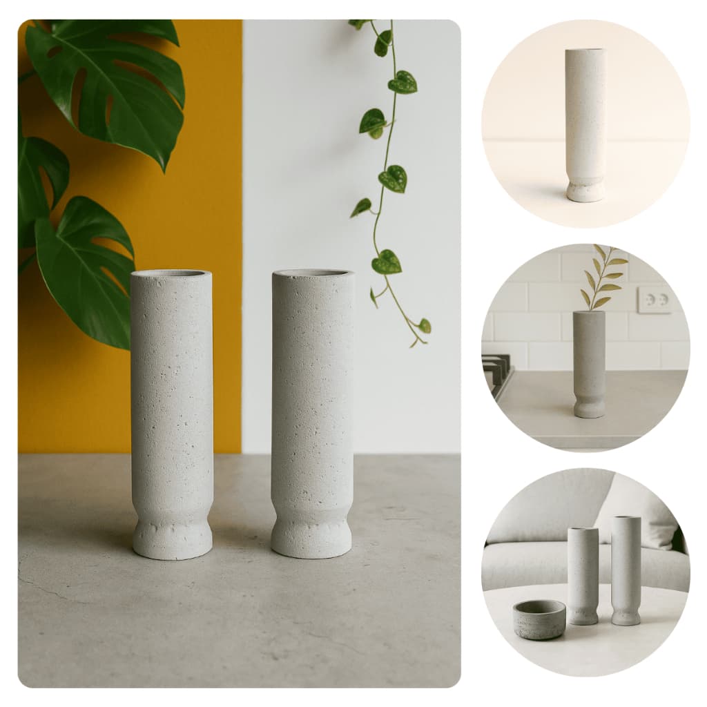 Vaso cilíndrico de concreto cinza claro para plantas, 23 cm de altura, para arranjos decorativos.