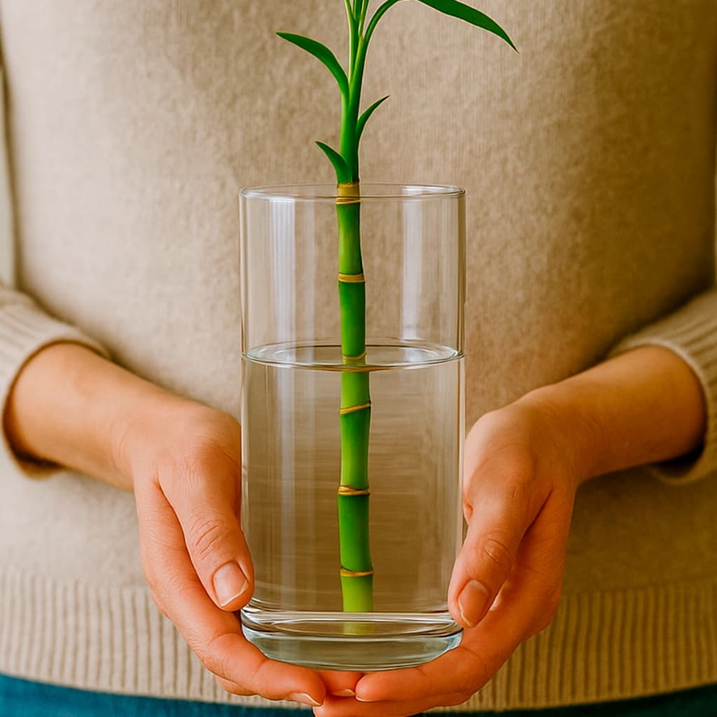 Vaso cilíndrico transparente com planta de bambu verde para decoração de mesa