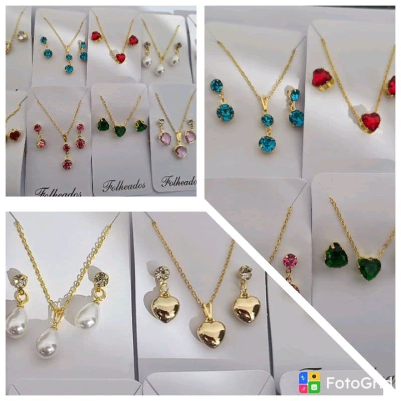 kit 5 Conjunto de Colar e Brinco Folheado Sortidos Lindos Conjuntos