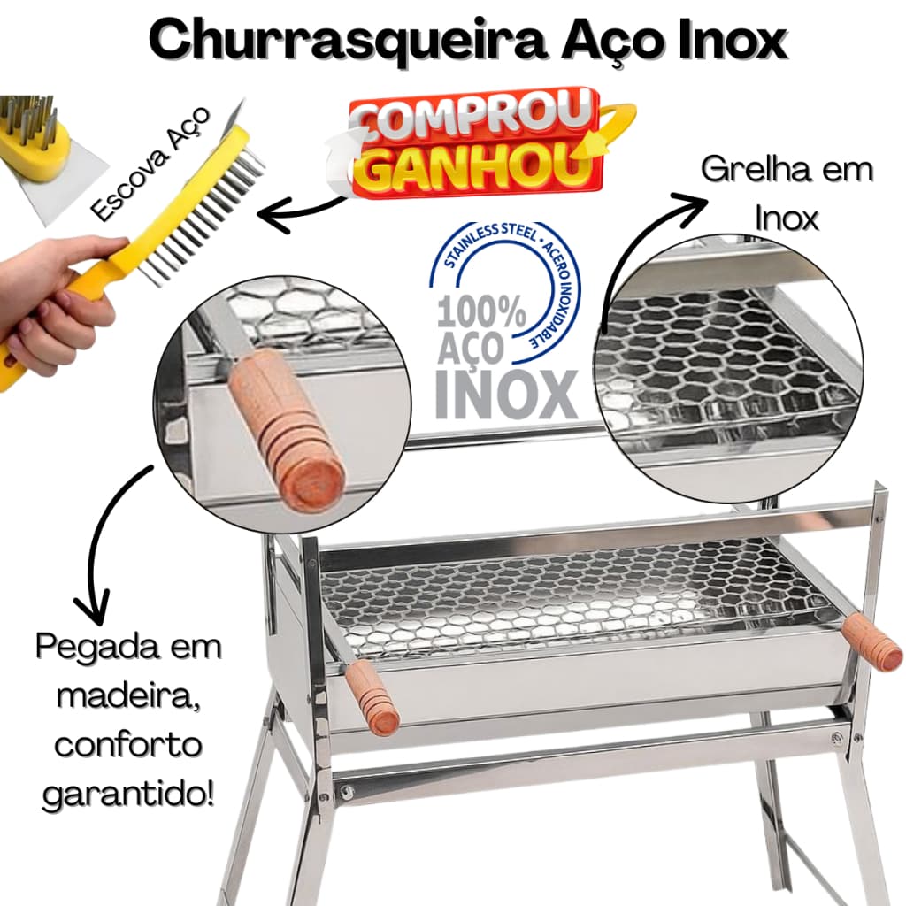 Churrasqueira portátil em aço inox com grelha e acessórios, detalhes de madeira e informações sobre o produto