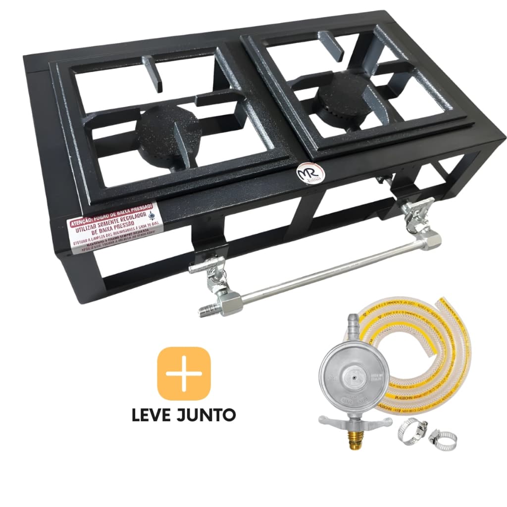 Fogão industrial de mesa baixa pressão com duas bocas para camping ou caminhoneiros com registro e mangueira inclusos