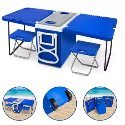 Caixa térmica azul com mesas e banquetas integradas, 32 litros, multifuncional, para praia e piqueniques