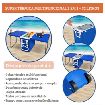 Caixa Térmica Multifuncional 3 em 1 com 32 Litros - Azul com Mesas e Banquetas Dobráveis