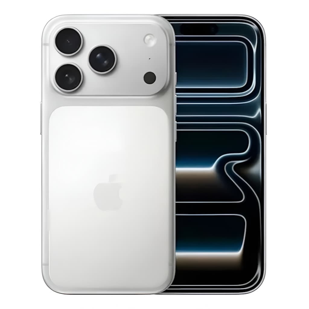 iPhone 17 Pro Max branco, vista traseira com câmeras e flash, logotipo da Apple