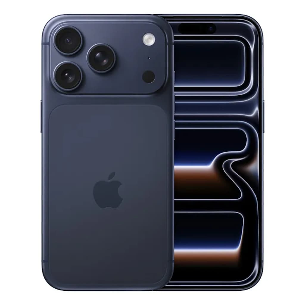 iPhone 17 Pro Max azul escuro com câmera traseira quadrada e logo da Apple