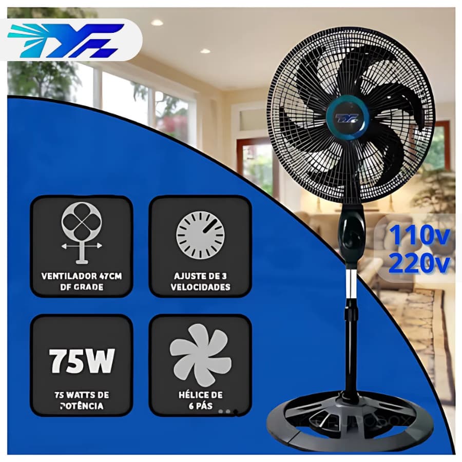 Ventilador de coluna preto e azul com ajuste de altura e múltiplas velocidades