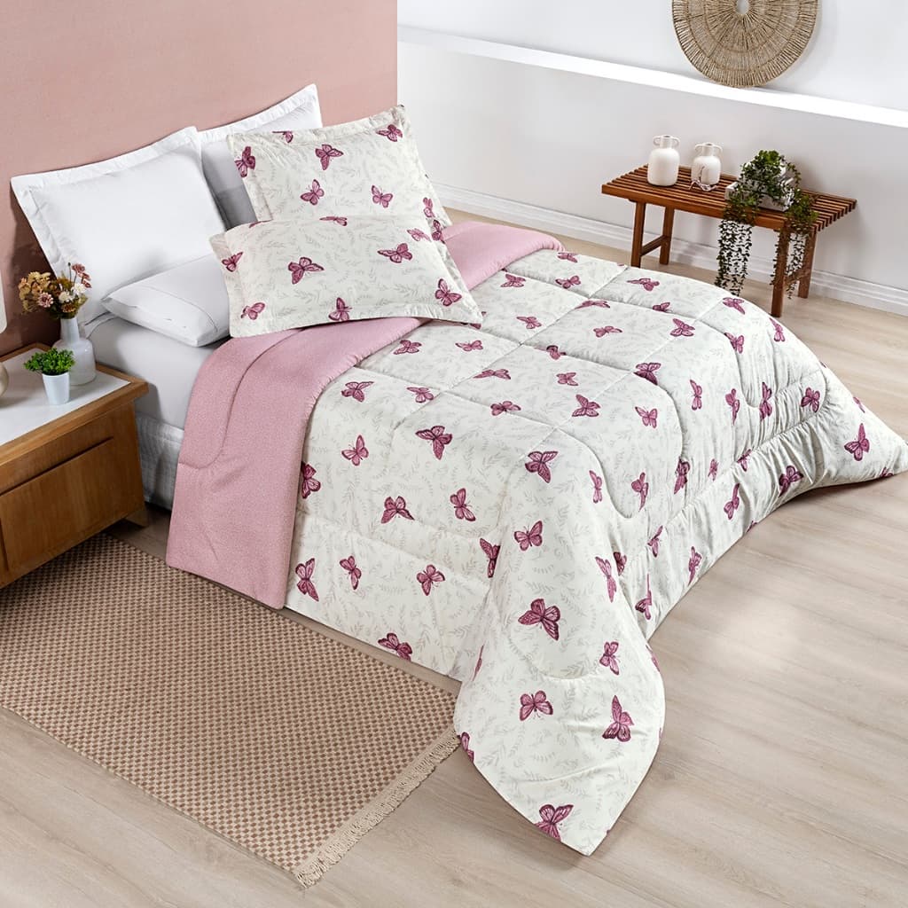 Edredom Casal Dupla Face Toque Macio Estampado 200 Fios Avere com borboletas rosa e branco