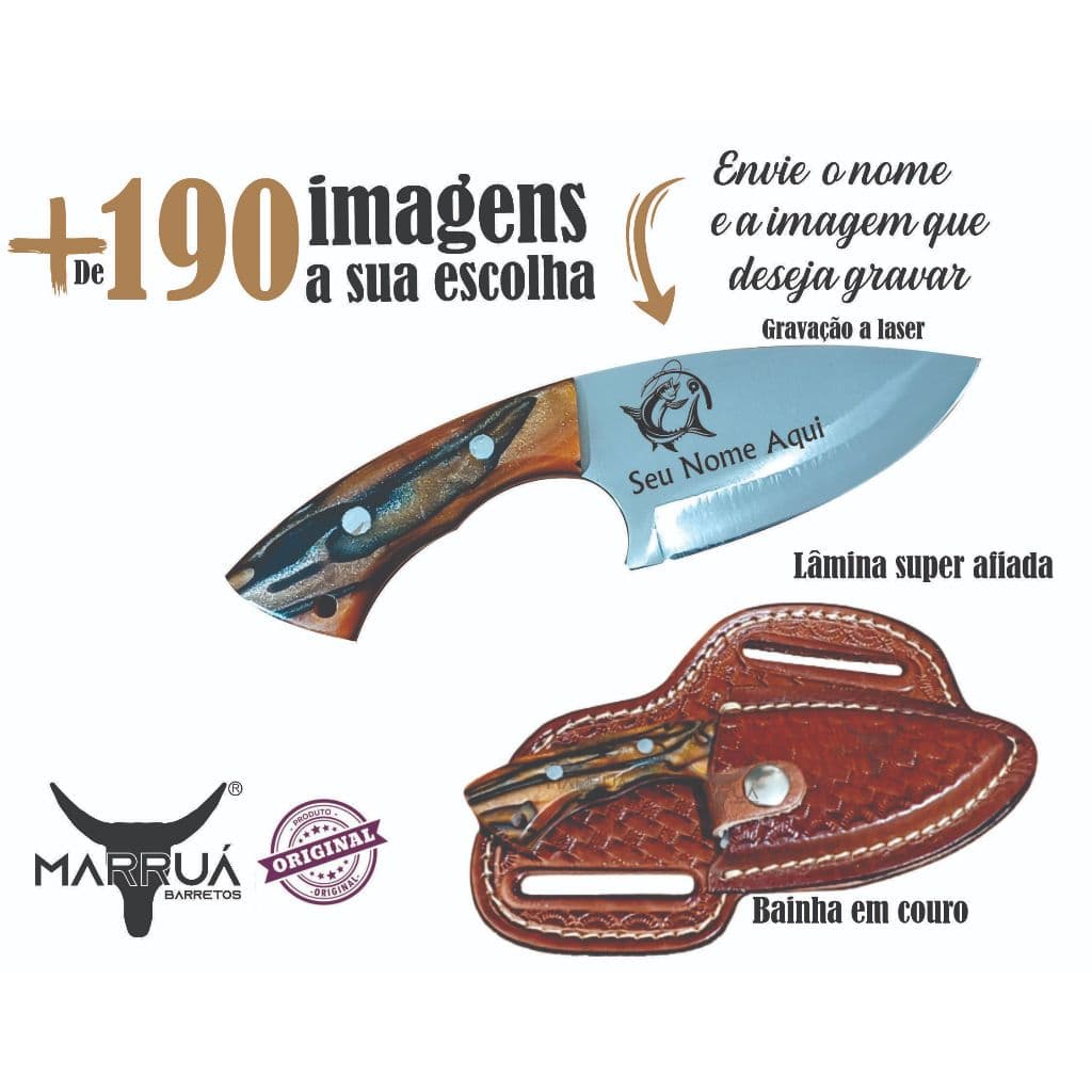 Faca Campeira Inox Personalizada a Laser com Cabo em Madeira e Bainha em Couro