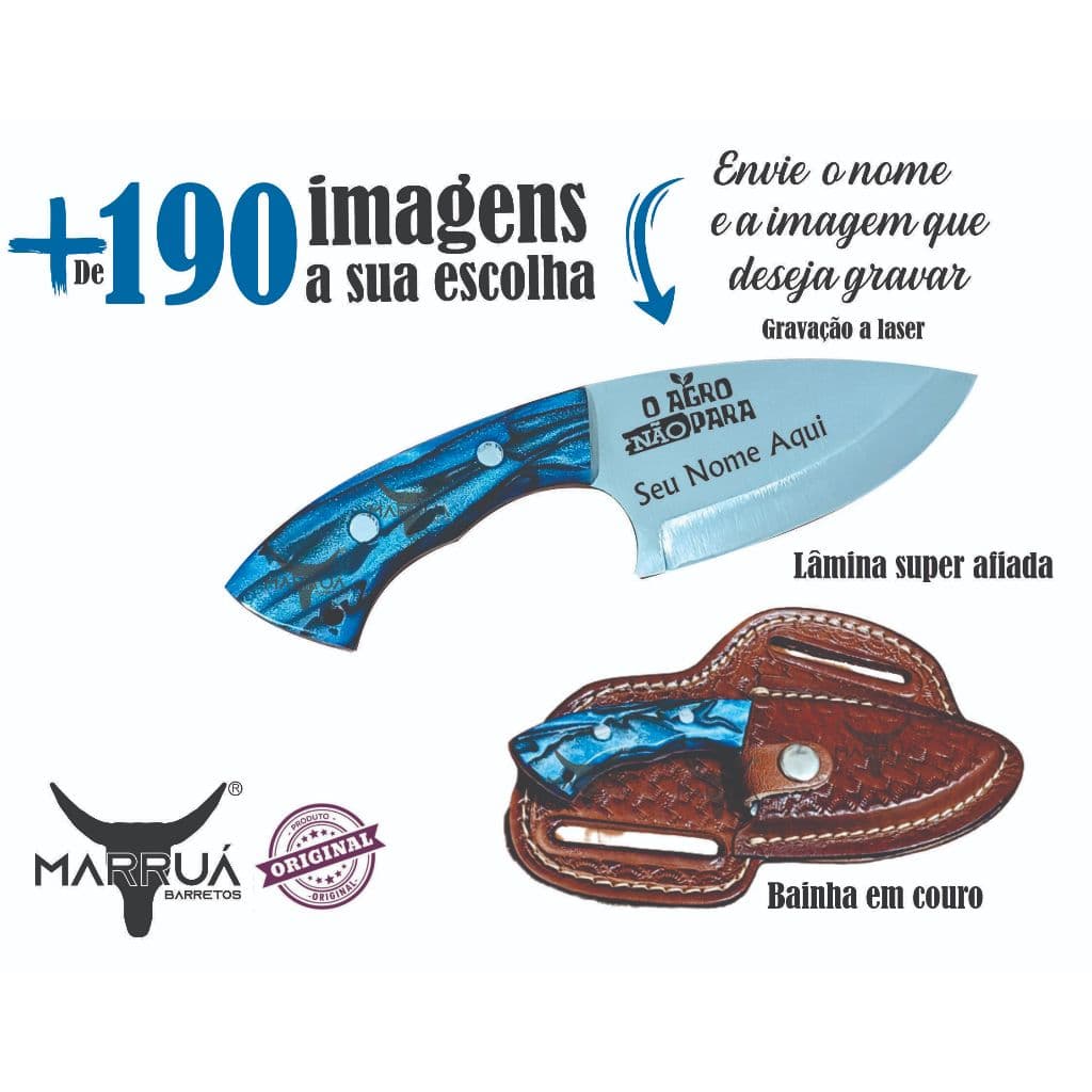Mini faca Campeira de aço inox com gravação personalizada a laser em bainha de couro
