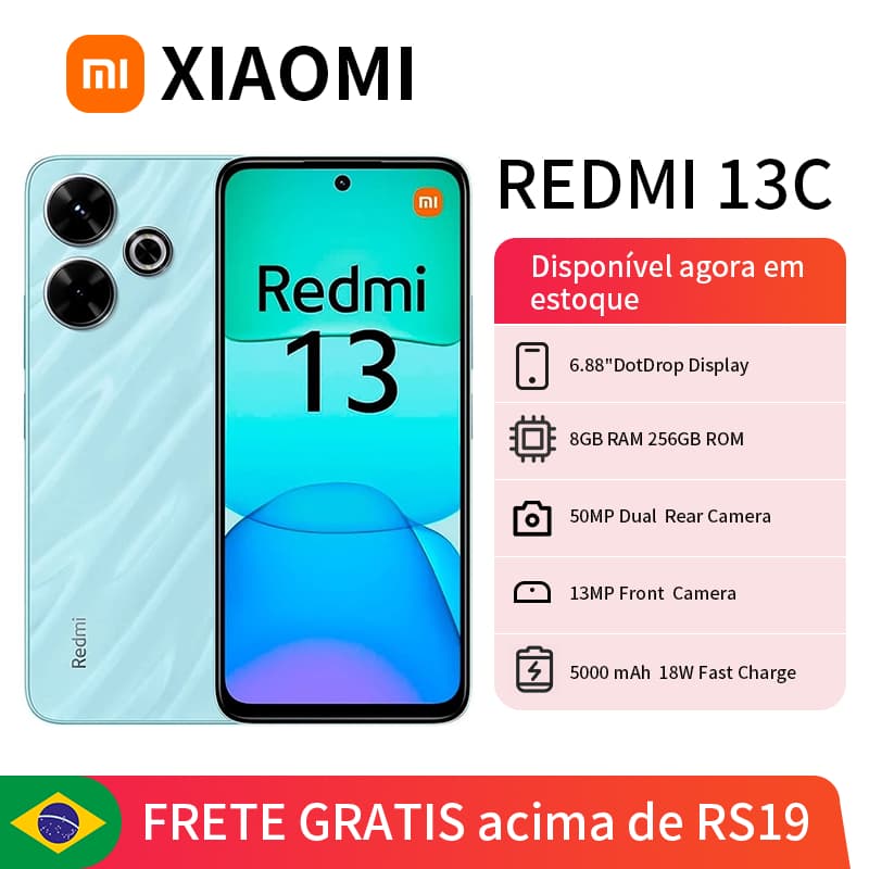 Smartphone Redmi Xiaomi 13C 4G LE 128GB/256GB, novo telefone original, display DotDrop, 8GB RAM, 256GB ROM, câmera dupla, 50MP e 13MP, 5000 mAh